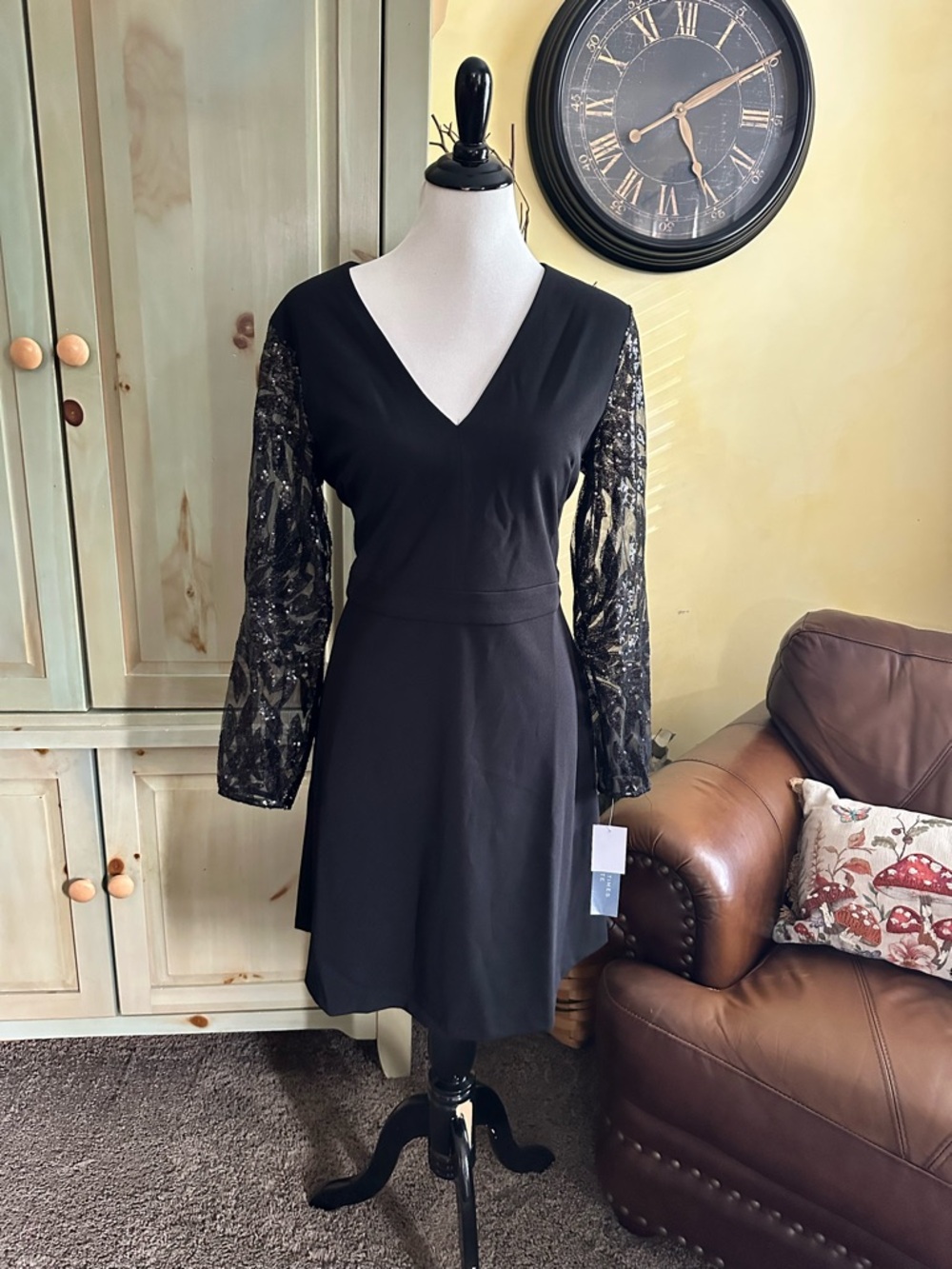 London Times Black V-Neck Dress with Lace Long Sleeves